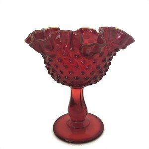 Fenton Candy Dish Compote Red Amberina Hobnail Ruffled Gold Crested Vintage